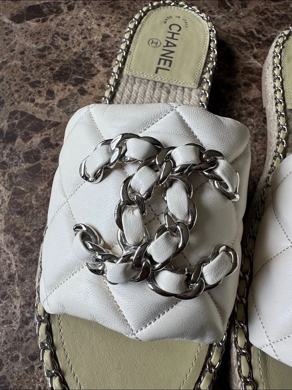 Chanel mules espadrilles flats ivory silver chain sandals sz 41